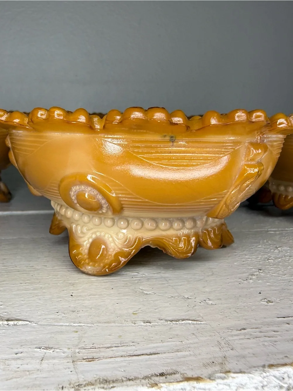 Set of 4 Greentown Indiana CHOCOLATE CARAMEL SLAG GLASS 3 LEGGED BOWL